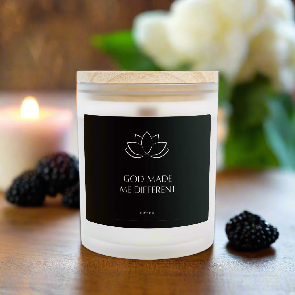 DM1111 "GOD MADE ME DIFFERENT" Frosted Glass Meditation Candle, 11oz