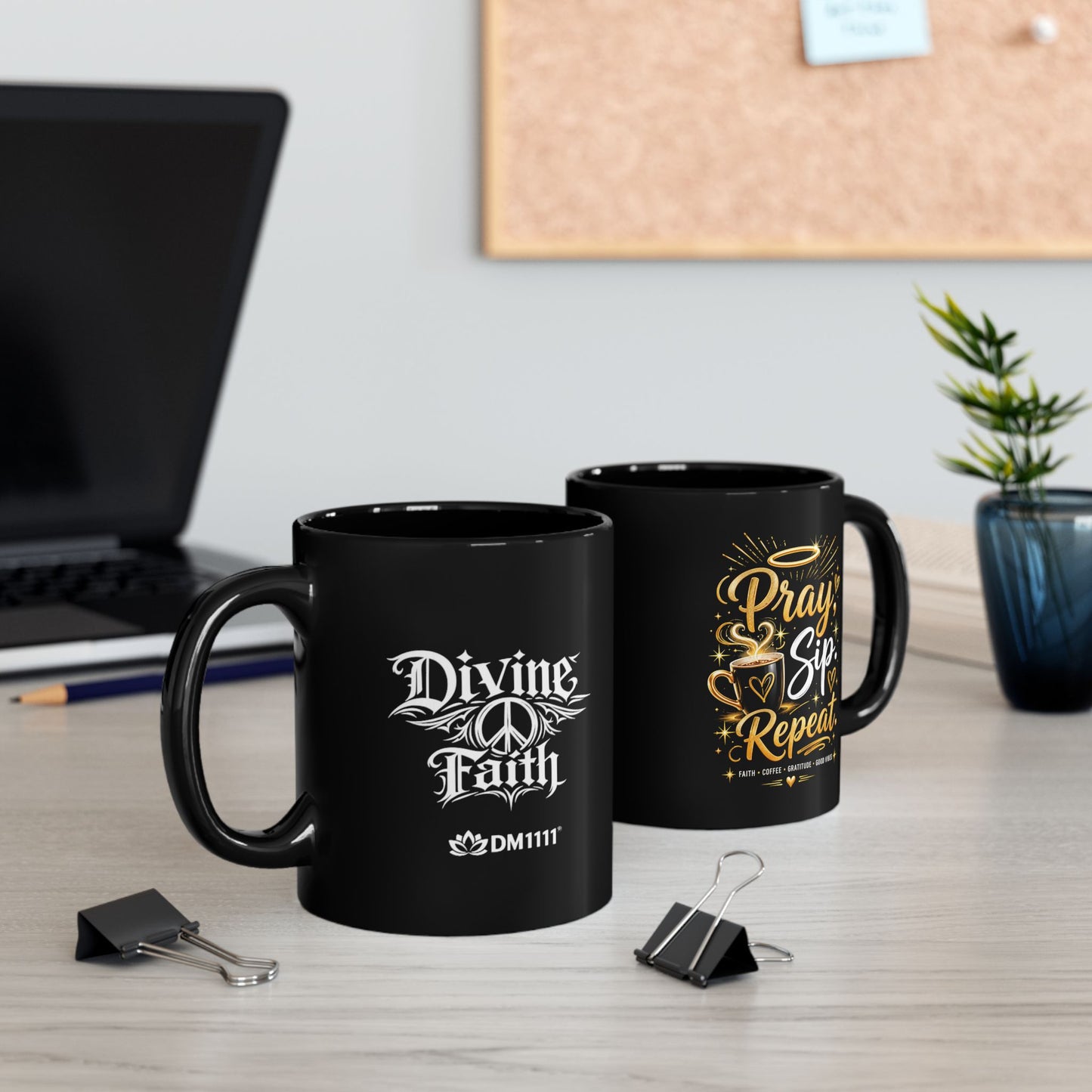 "Pray. Sip. Repeat, DF" Divine Faith mug (Black, 11oz/15oz)
