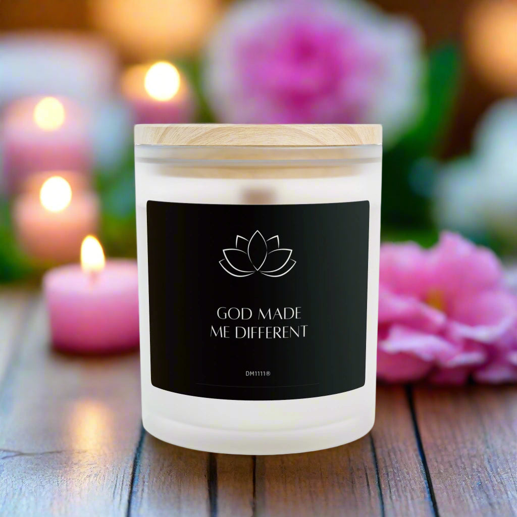 DM1111 "GOD MADE ME DIFFERENT" Frosted Glass Meditation Candle, 11oz