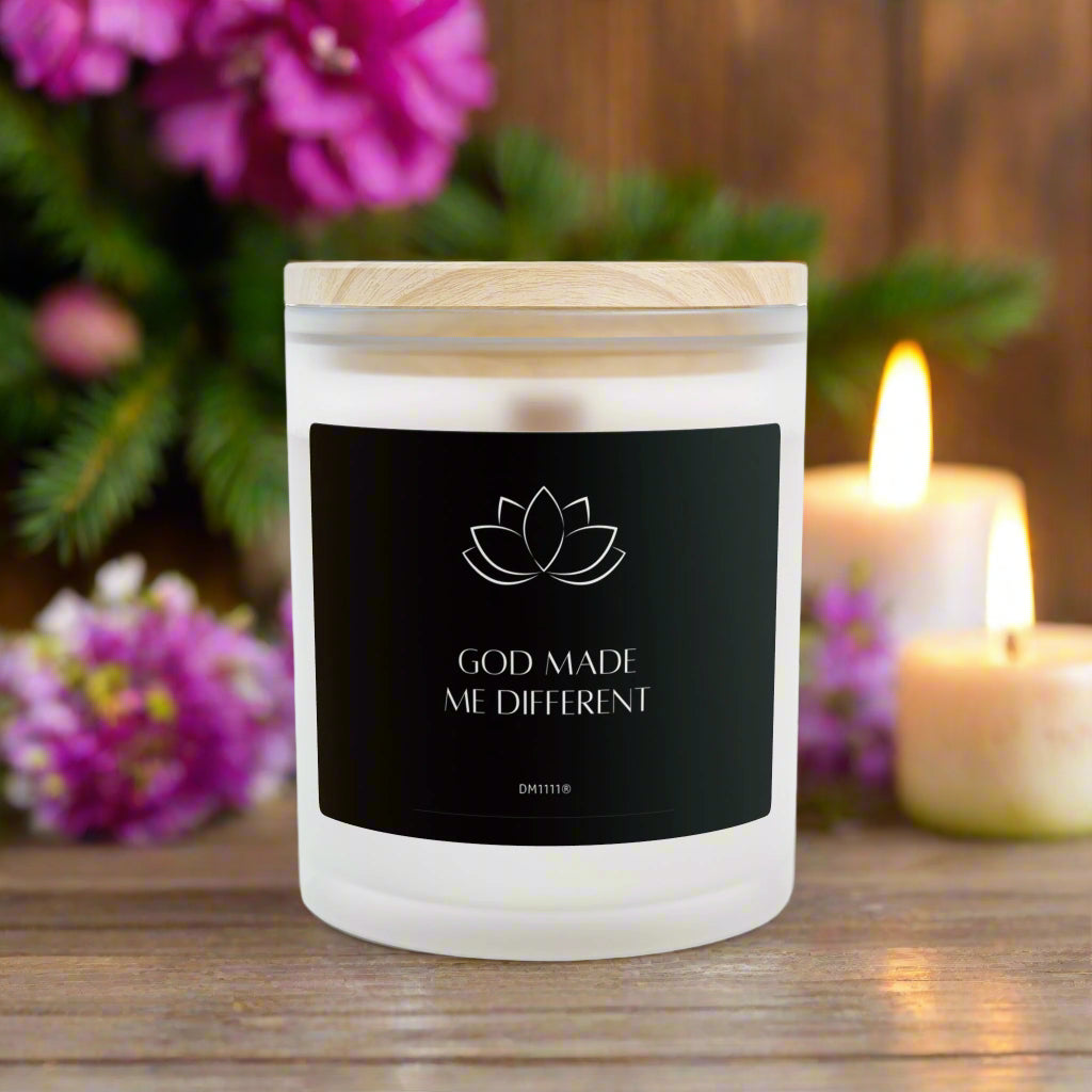 DM1111 "GOD MADE ME DIFFERENT" Frosted Glass Meditation Candle, 11oz