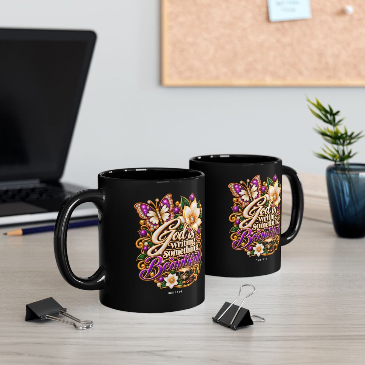 "God Is Writing Something Beautiful" Divine Faith mug (Black, 11oz/15oz)