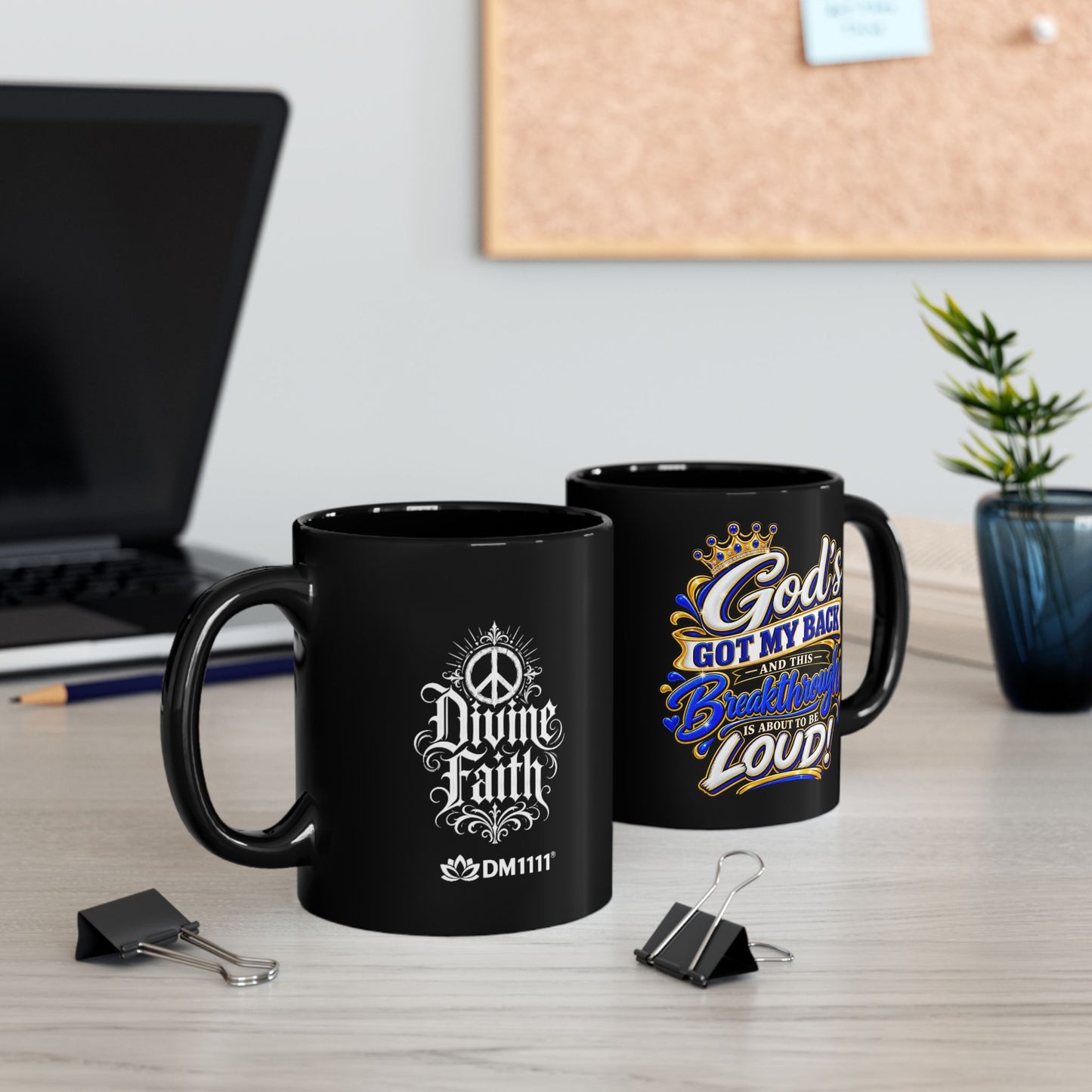 "God’s Got My Back, DF" Divine Faith mug (Black, 11oz/15oz)