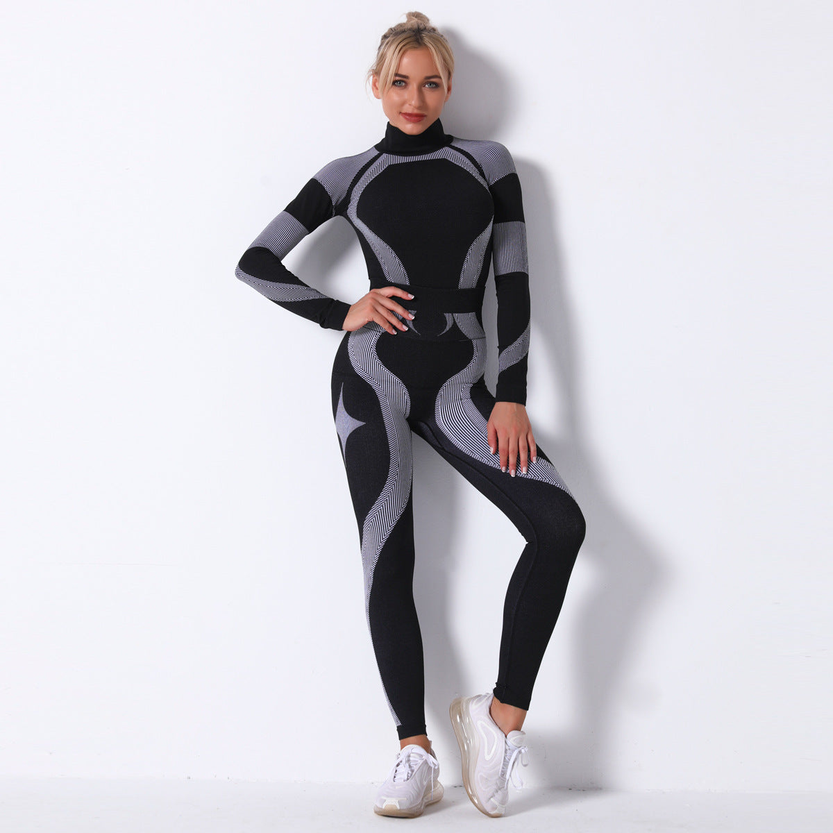 Spot Seamless Knitted Striped Sports Yoga Long Sleeve Workout Clothes Sweat-Absorbent Outdoor Sports Yoga Suit