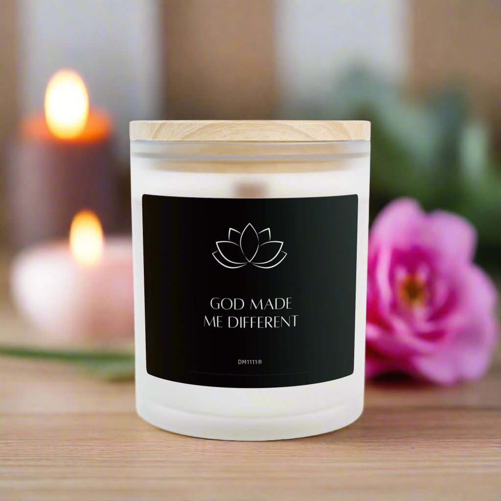 DM1111 "GOD MADE ME DIFFERENT" Frosted Glass Meditation Candle, 11oz