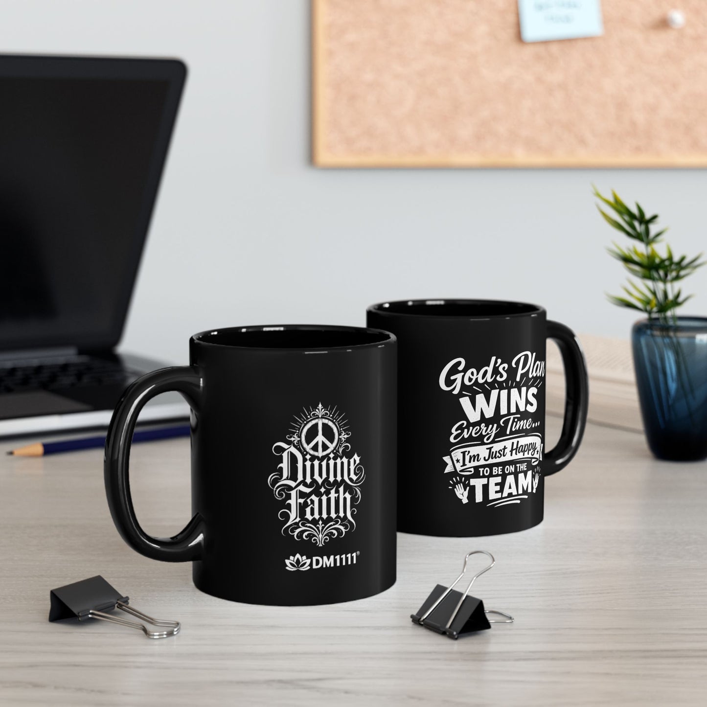 "God’s Plan Wins, DF" Divine Faith mug (Black, 11oz/15oz)