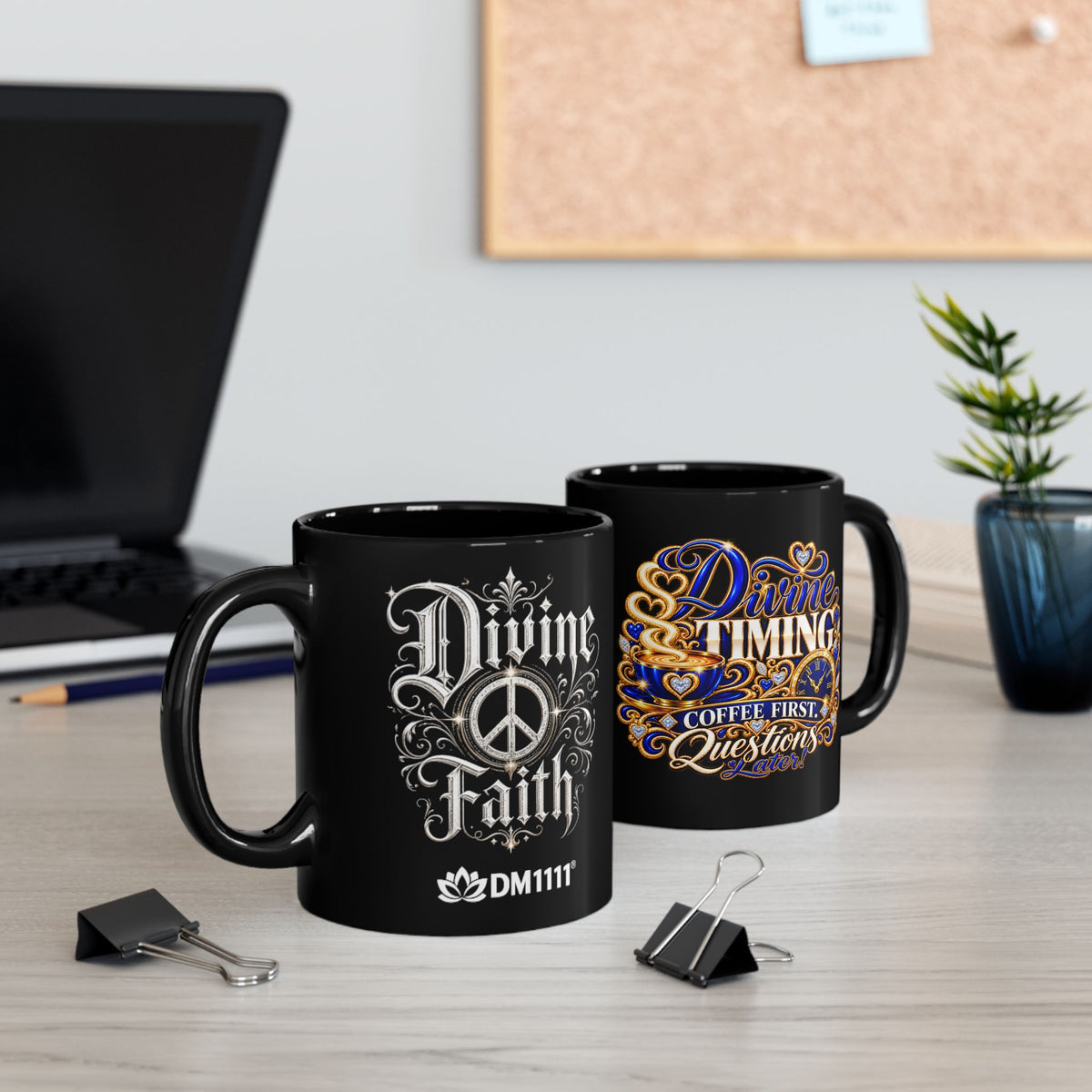 "Divine Timing, Coffee First, DF" Divine Faith mug (Black, 11oz/15oz)