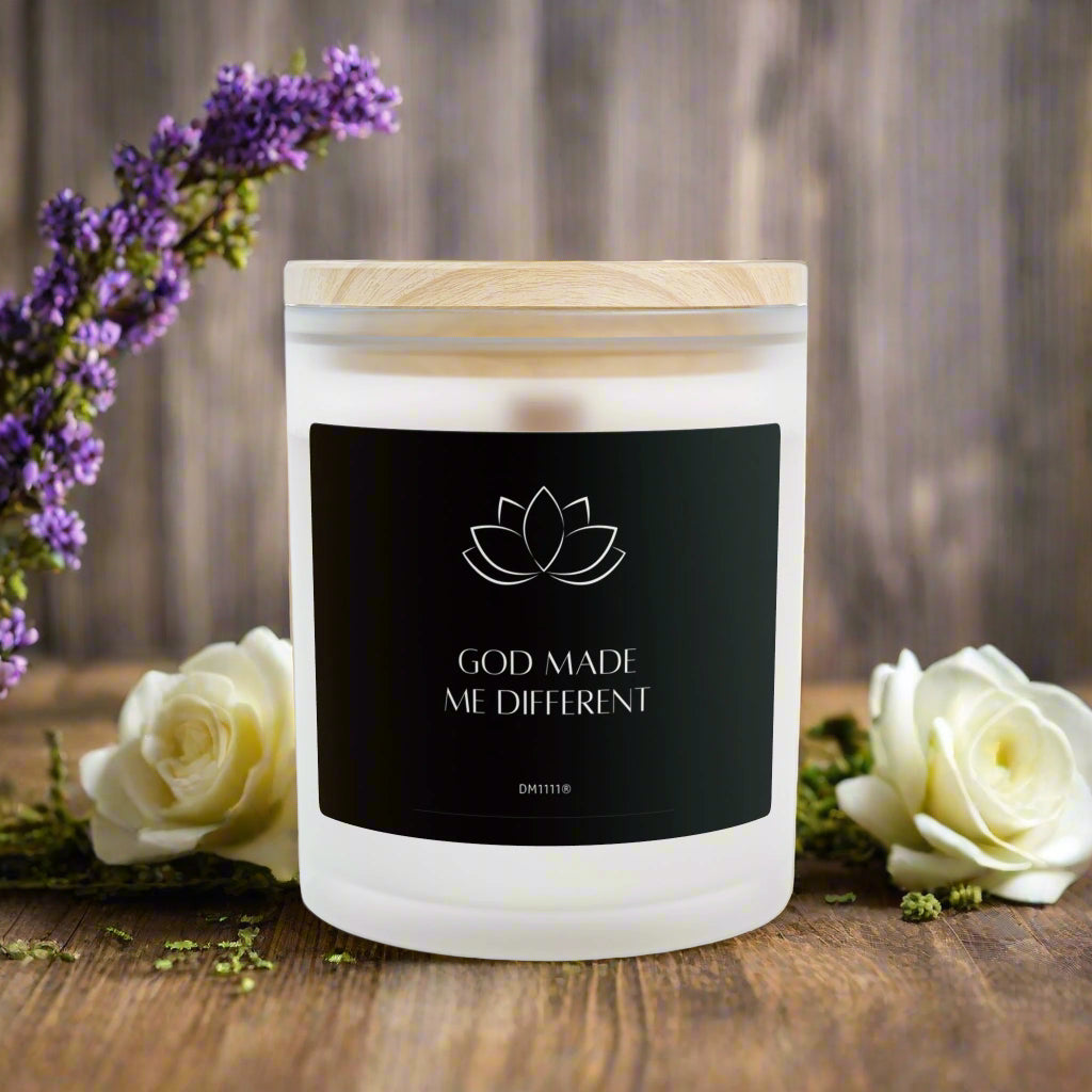 DM1111 "GOD MADE ME DIFFERENT" Frosted Glass Meditation Candle, 11oz