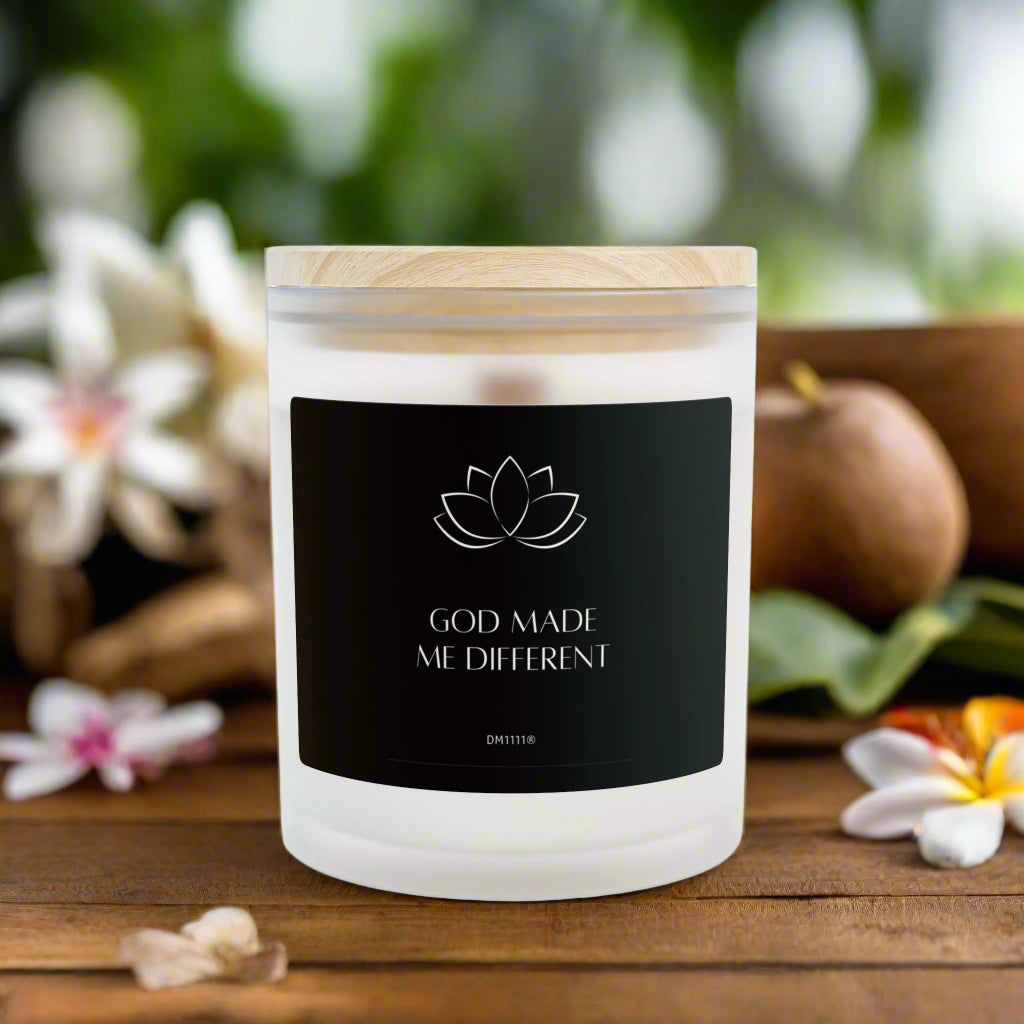 DM1111 "GOD MADE ME DIFFERENT" Frosted Glass Meditation Candle, 11oz