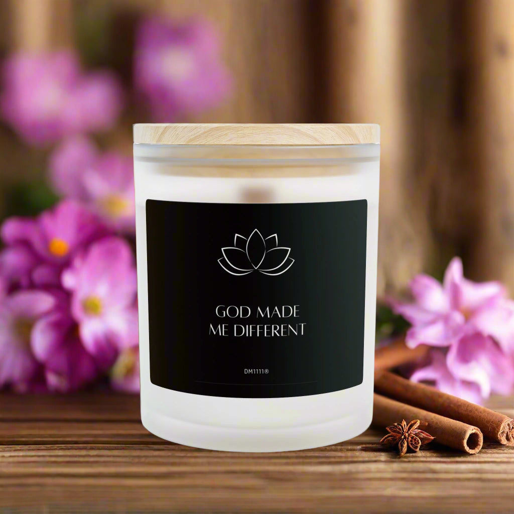 DM1111 "GOD MADE ME DIFFERENT" Frosted Glass Meditation Candle, 11oz