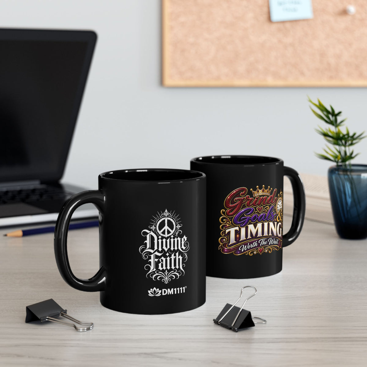 "Grind, Goals, and Timing, DF" Divine Faith mug (Black, 11oz/15oz)