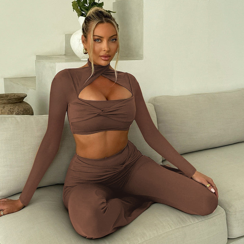 Autumn Long Sleeve Halter Pleated Slim Fit Flared Pants Sports Set