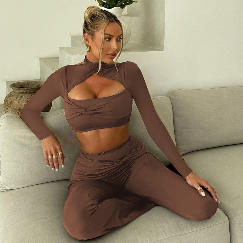 Autumn Long Sleeve Halter Pleated Slim Fit Flared Pants Sports Set