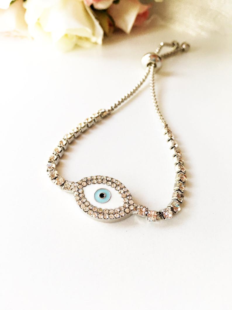CZ Evil Eye Bracelet, Adjustable Evil Eye Bracelet, Zircon Charm