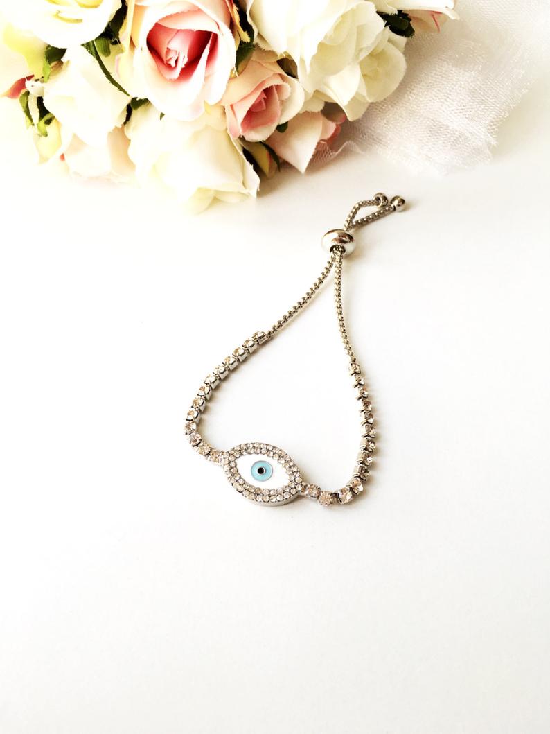 CZ Evil Eye Bracelet, Adjustable Evil Eye Bracelet, Zircon Charm