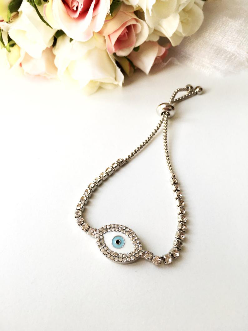 CZ Evil Eye Bracelet, Adjustable Evil Eye Bracelet, Zircon Charm
