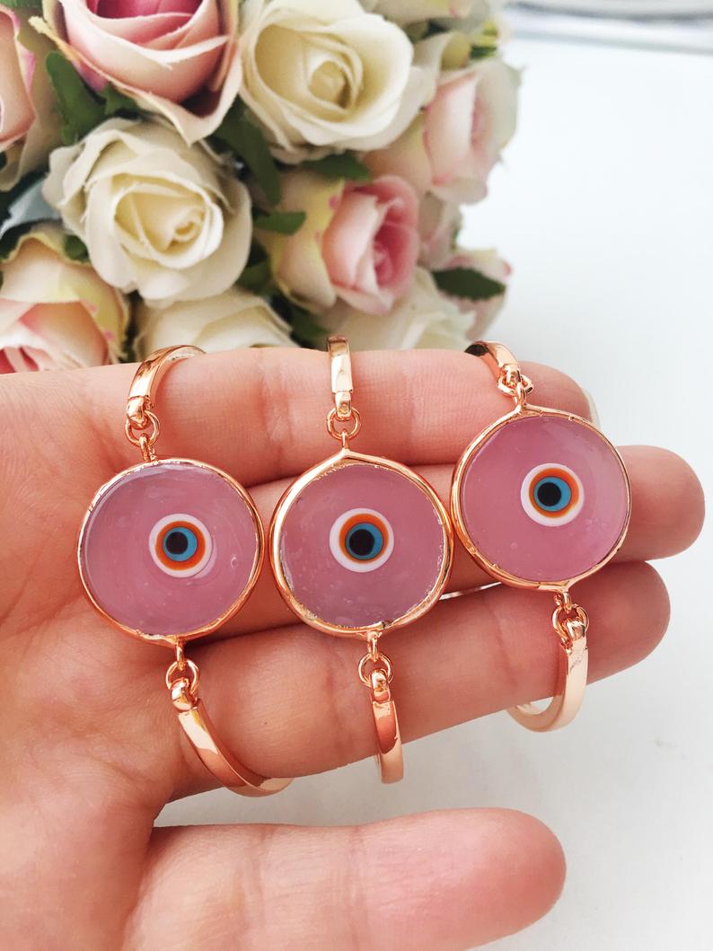 Murano Evil Eye Bracelet, Pink Murano Bracelet, Rose Gold Chain
