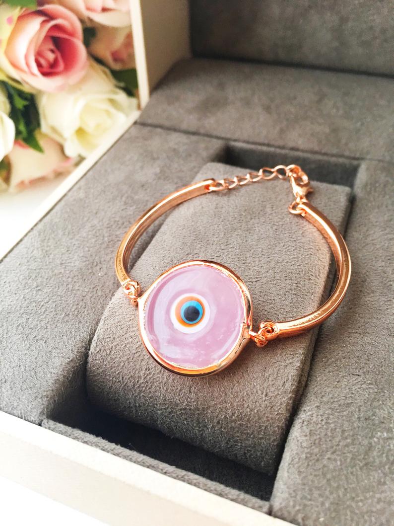 Murano Evil Eye Bracelet, Pink Murano Bracelet, Rose Gold Chain