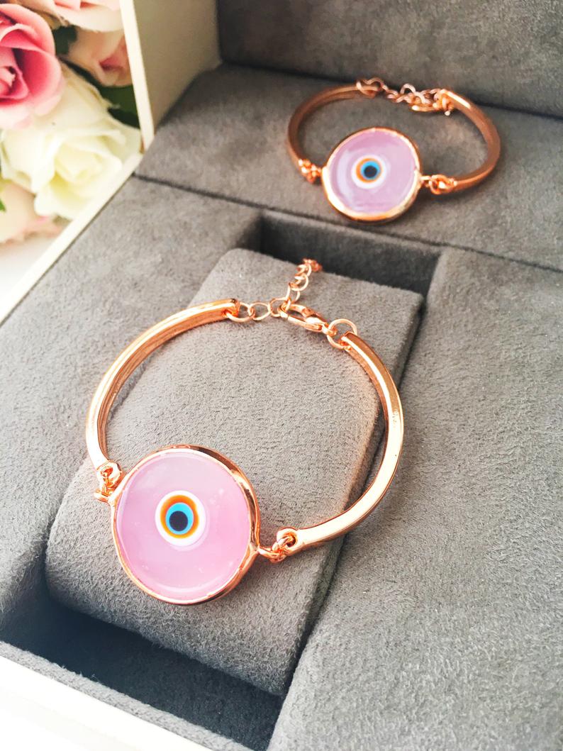 Murano Evil Eye Bracelet, Pink Murano Bracelet, Rose Gold Chain