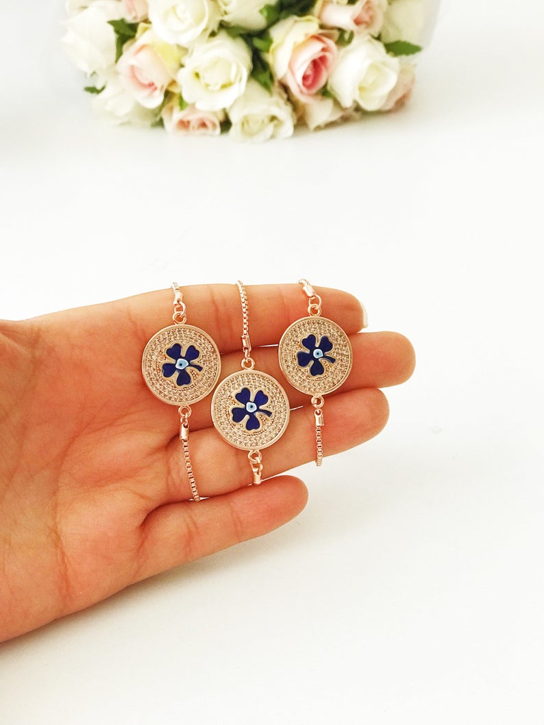 Evil Eye Bracelet, Four Leaf Clover Bracelet, Adjustable Good Luck