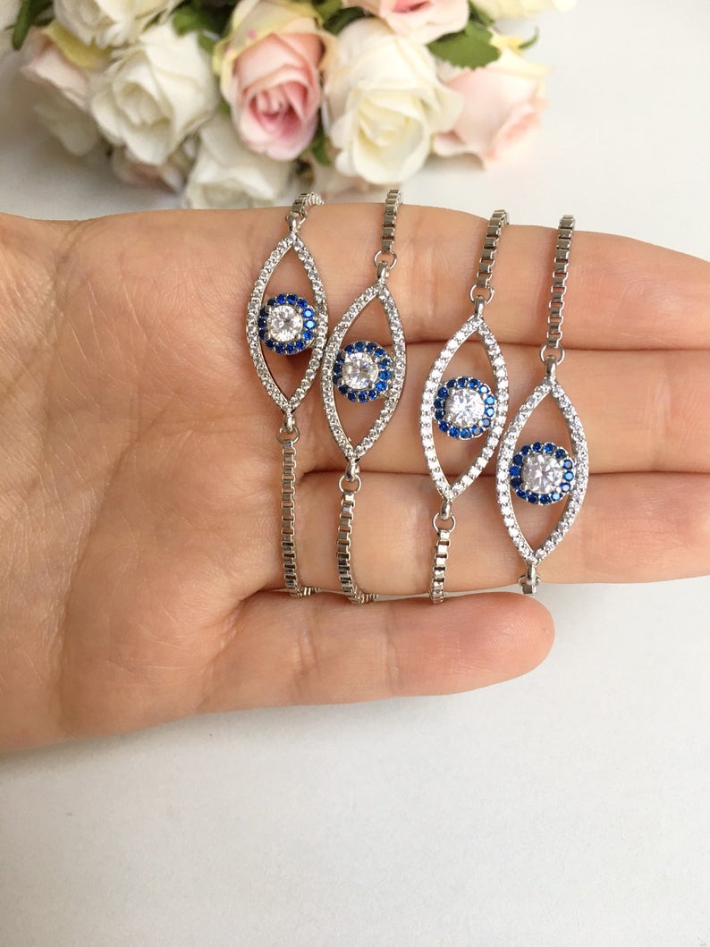 Silver Evil Eye Bracelet, Tulip Charm Bracelet