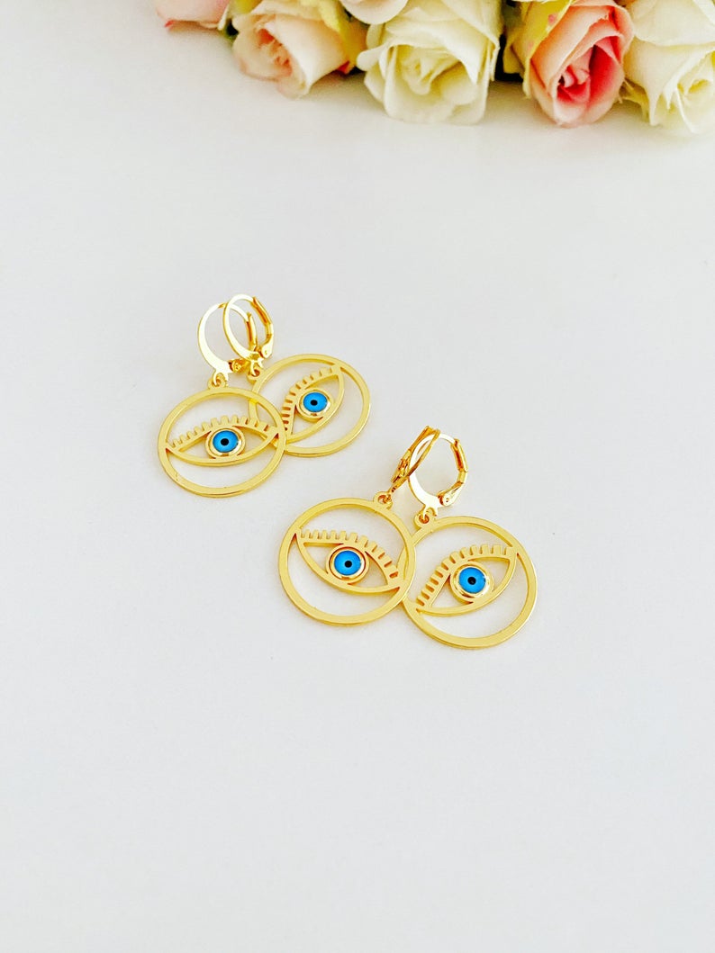 Gold Evil Eye Hoop Earrings, Evil Eye Hoop, Greek Evil Eye