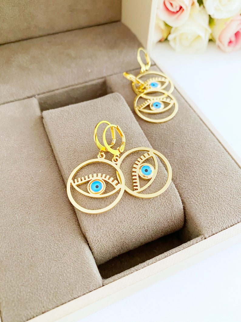 Gold Evil Eye Hoop Earrings, Evil Eye Hoop, Greek Evil Eye