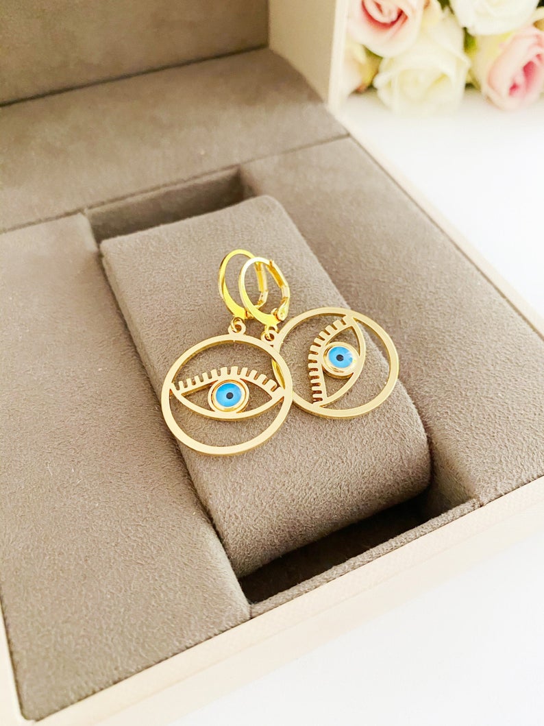 Gold Evil Eye Hoop Earrings, Evil Eye Hoop, Greek Evil Eye