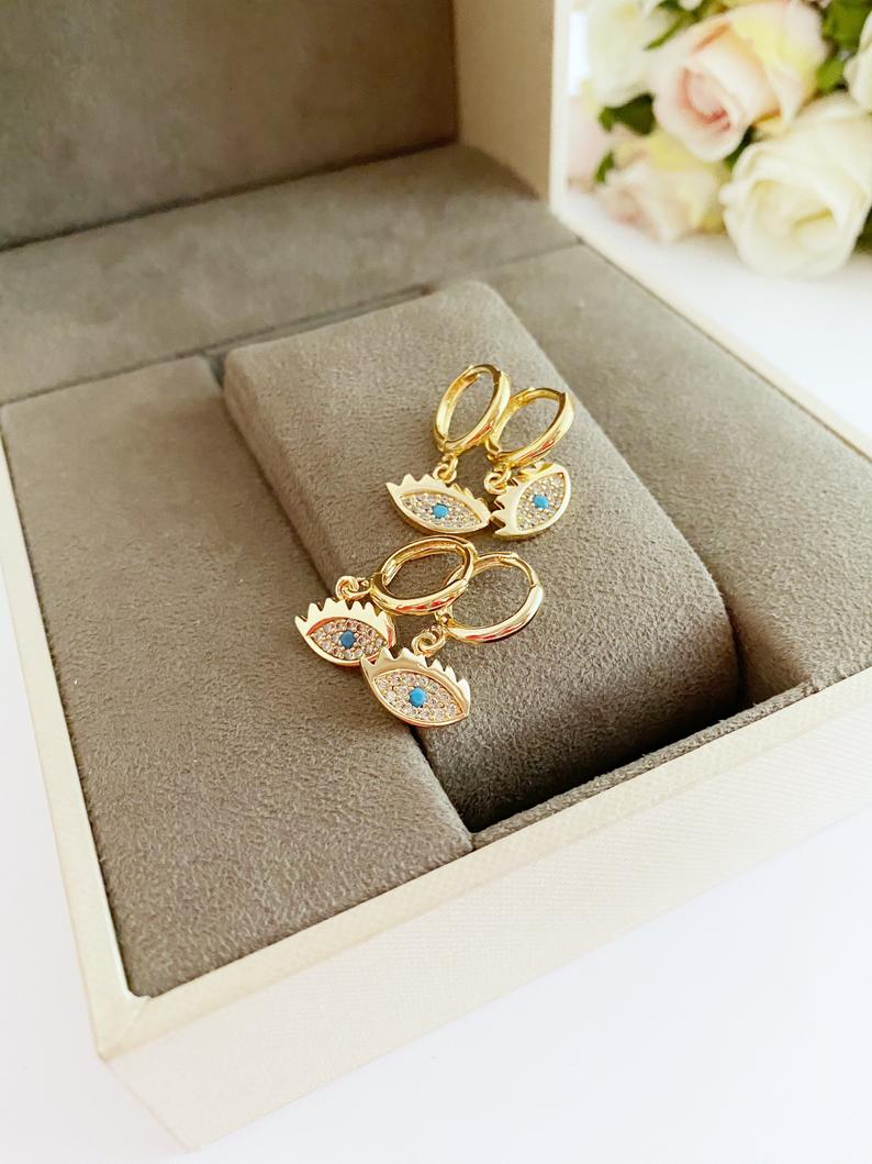 Dangle Evil Eye Earrings, Dainty Earrings, Gold Earrings