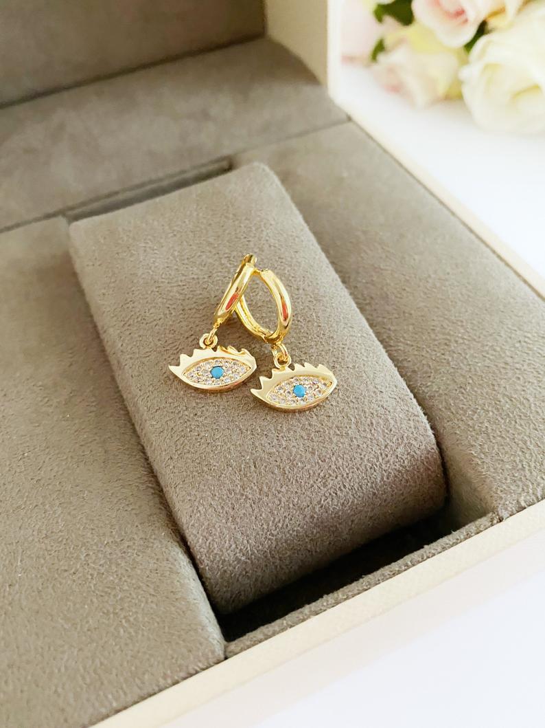 Dangle Evil Eye Earrings, Dainty Earrings, Gold Earrings