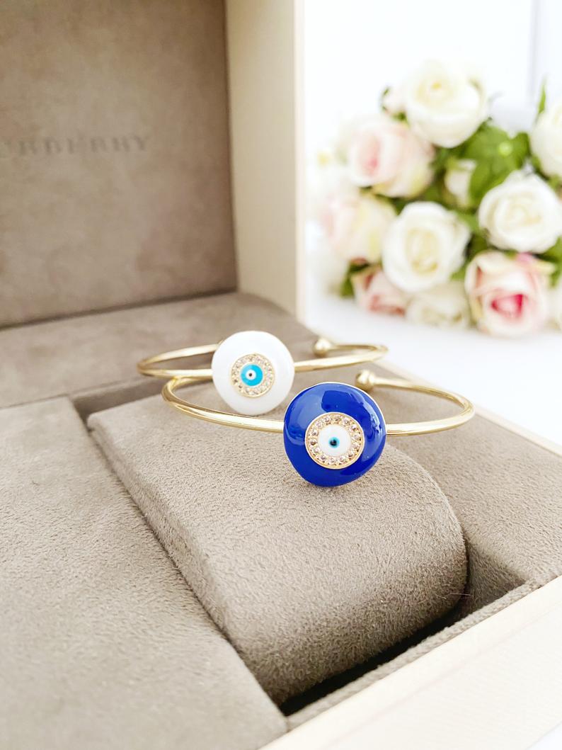 Blue Evil Eye Bracelet, Evil Eye Cuff Bracelet, Gold Bracelet