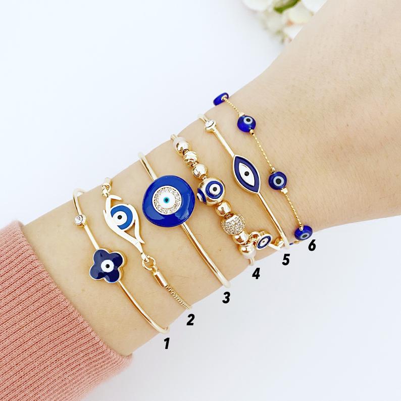 Blue Evil Eye Bracelet, Evil Eye Cuff Bracelet, Gold Bracelet