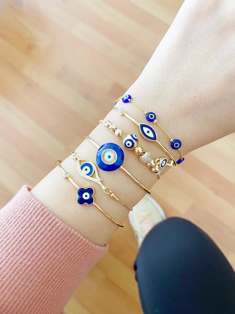 Blue Evil Eye Bracelet, Evil Eye Cuff Bracelet, Gold Bracelet