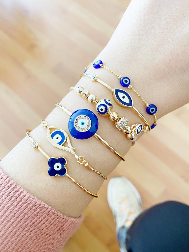 Blue Evil Eye Bracelet, Evil Eye Cuff Bracelet, Gold Bracelet