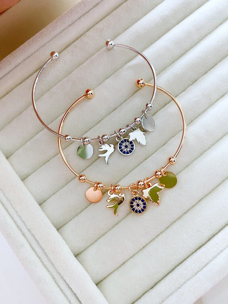 Greek Evil Eye Cuff Bracelet, Evil Eye Charm Bracelets, Silver and