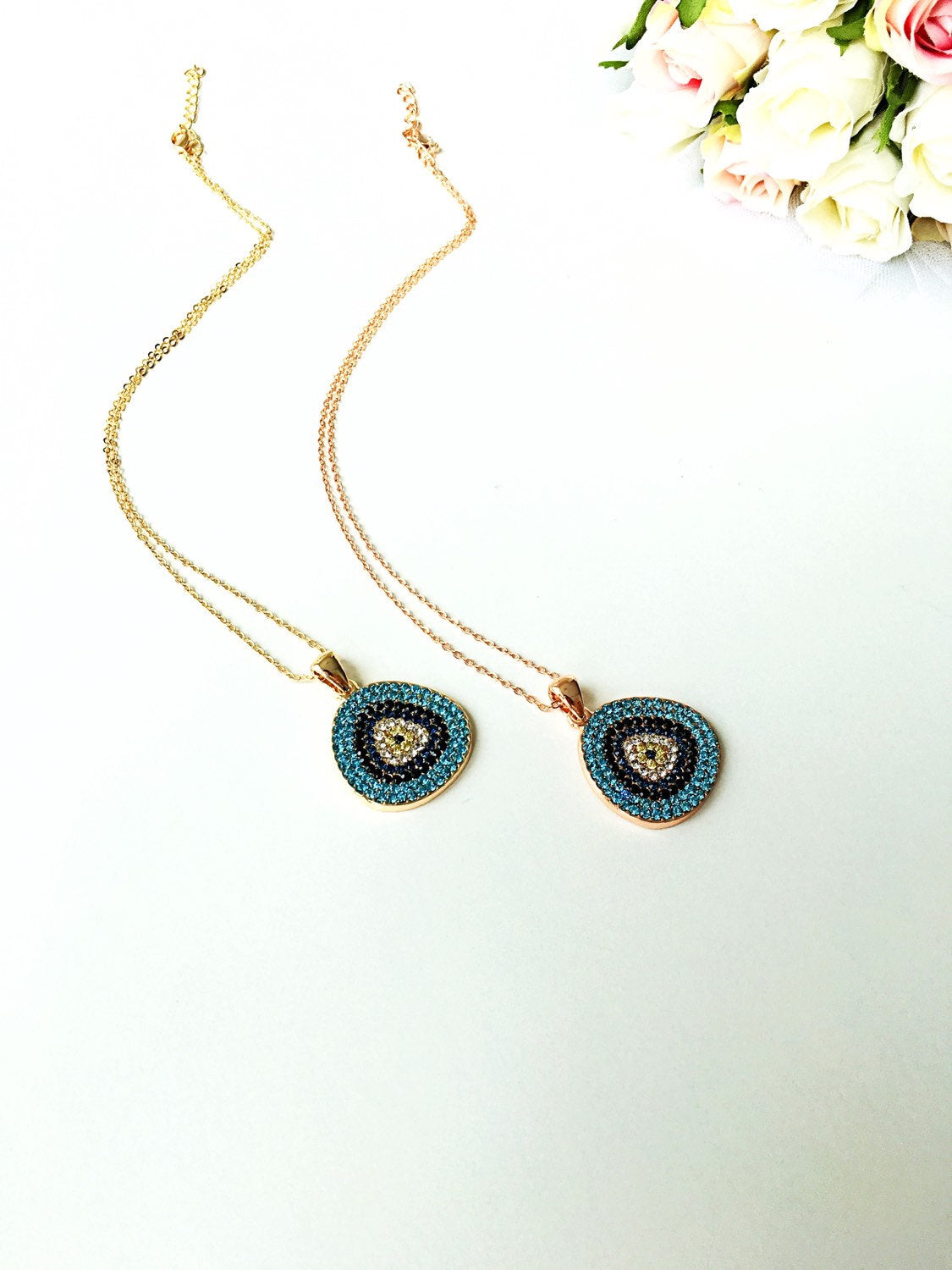 Evil eye necklace, rose gold necklace, evil eye jewelry, zirconia