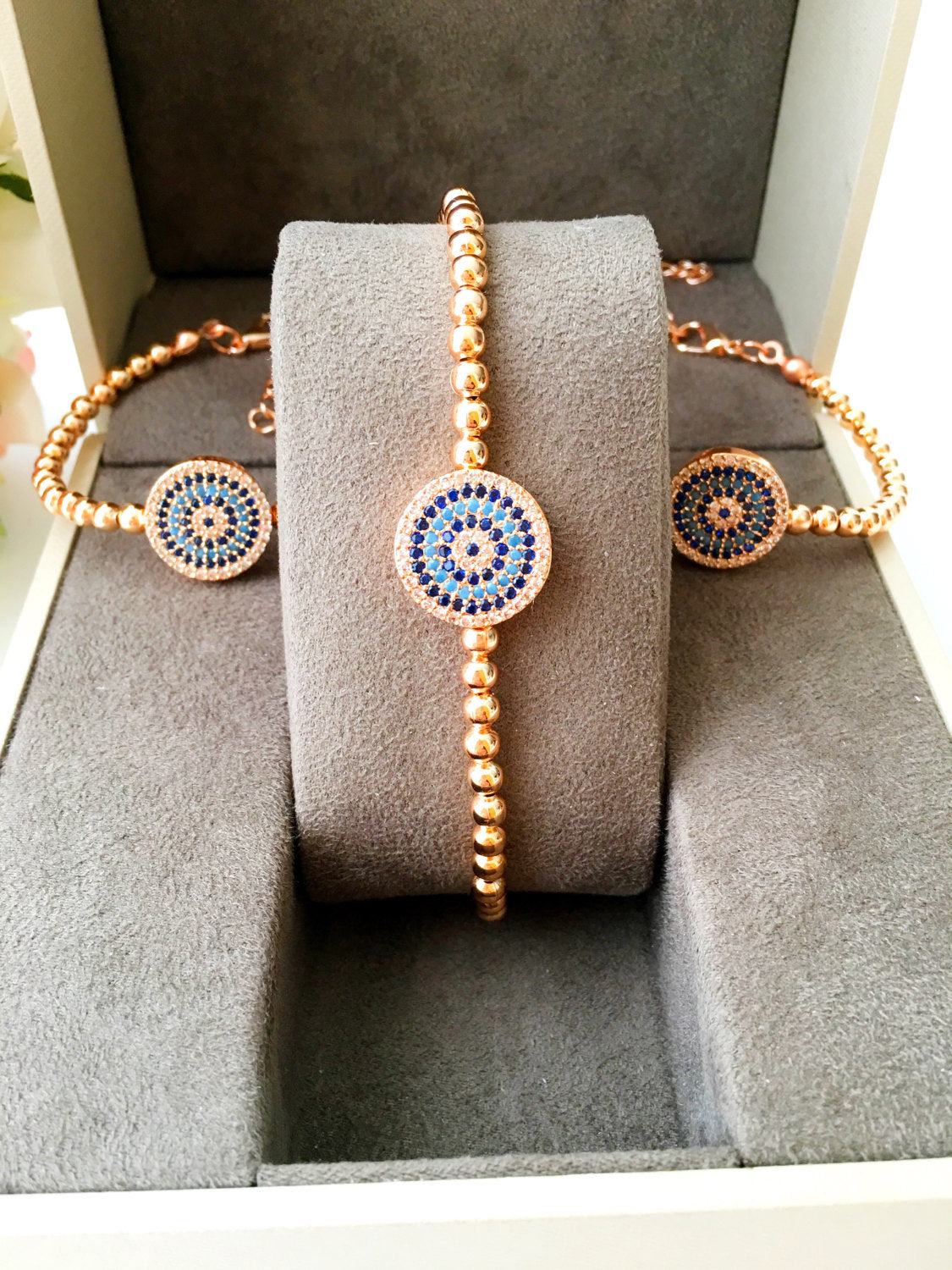 Evil Eye Beaded Bracelet, Rose Gold Adjustable Bracelet