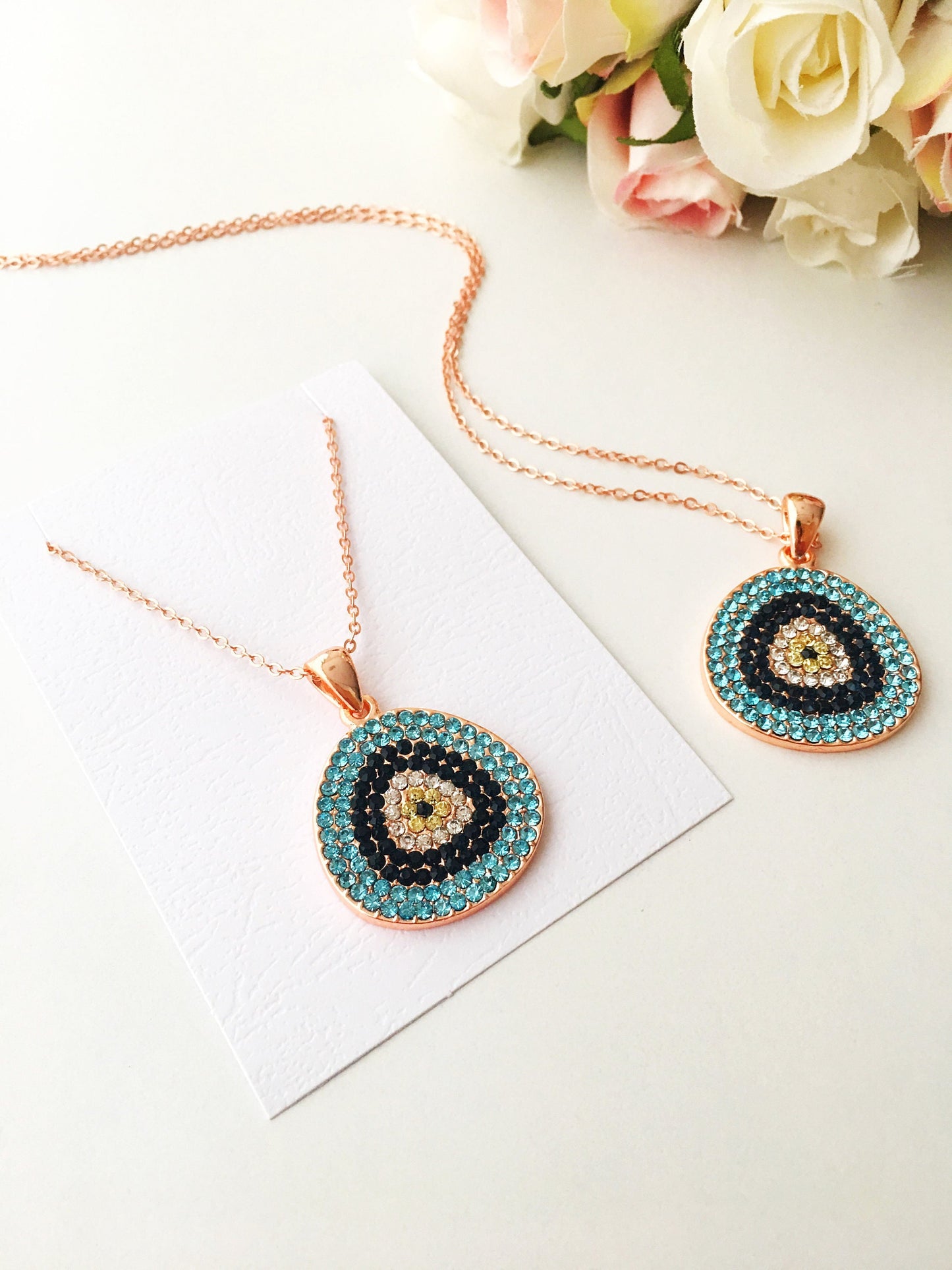 Evil eye necklace, rose gold necklace, evil eye jewelry, zirconia