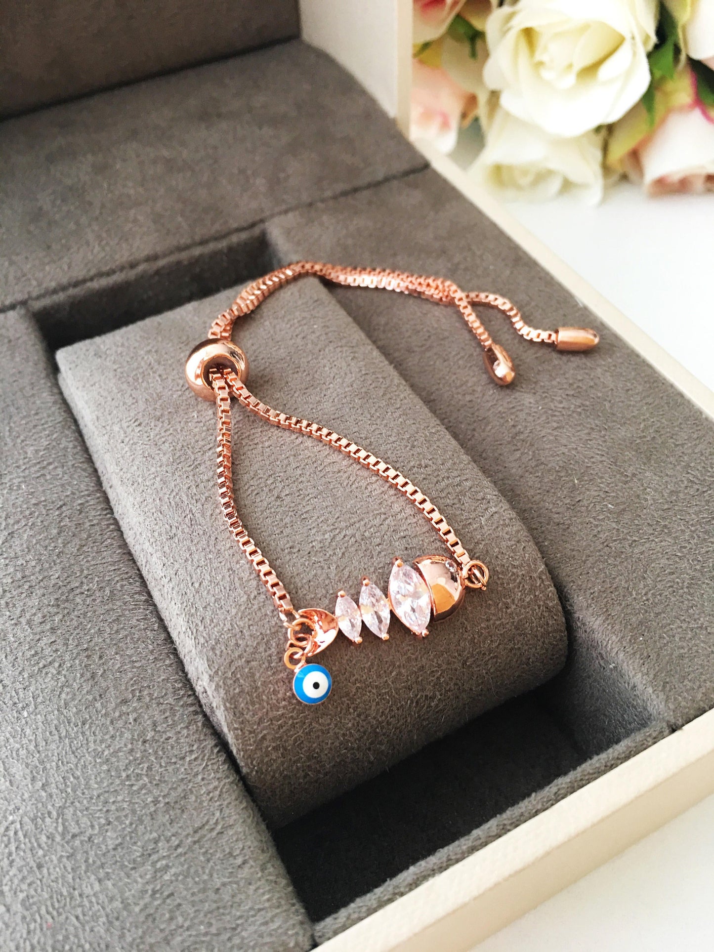 Lucky Evil Eye Bracelet, Zircon Fish Charm Bracelet