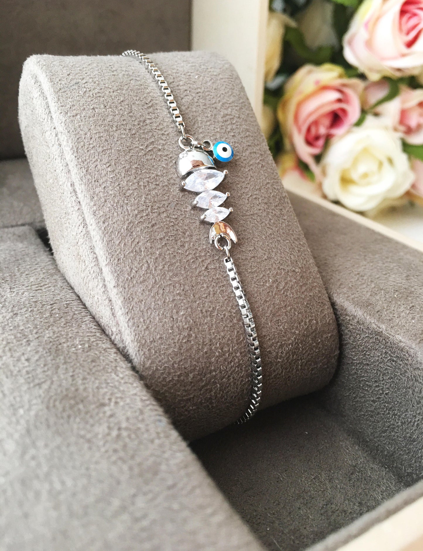 Lucky Evil Eye Bracelet, Zircon Fish Charm Bracelet