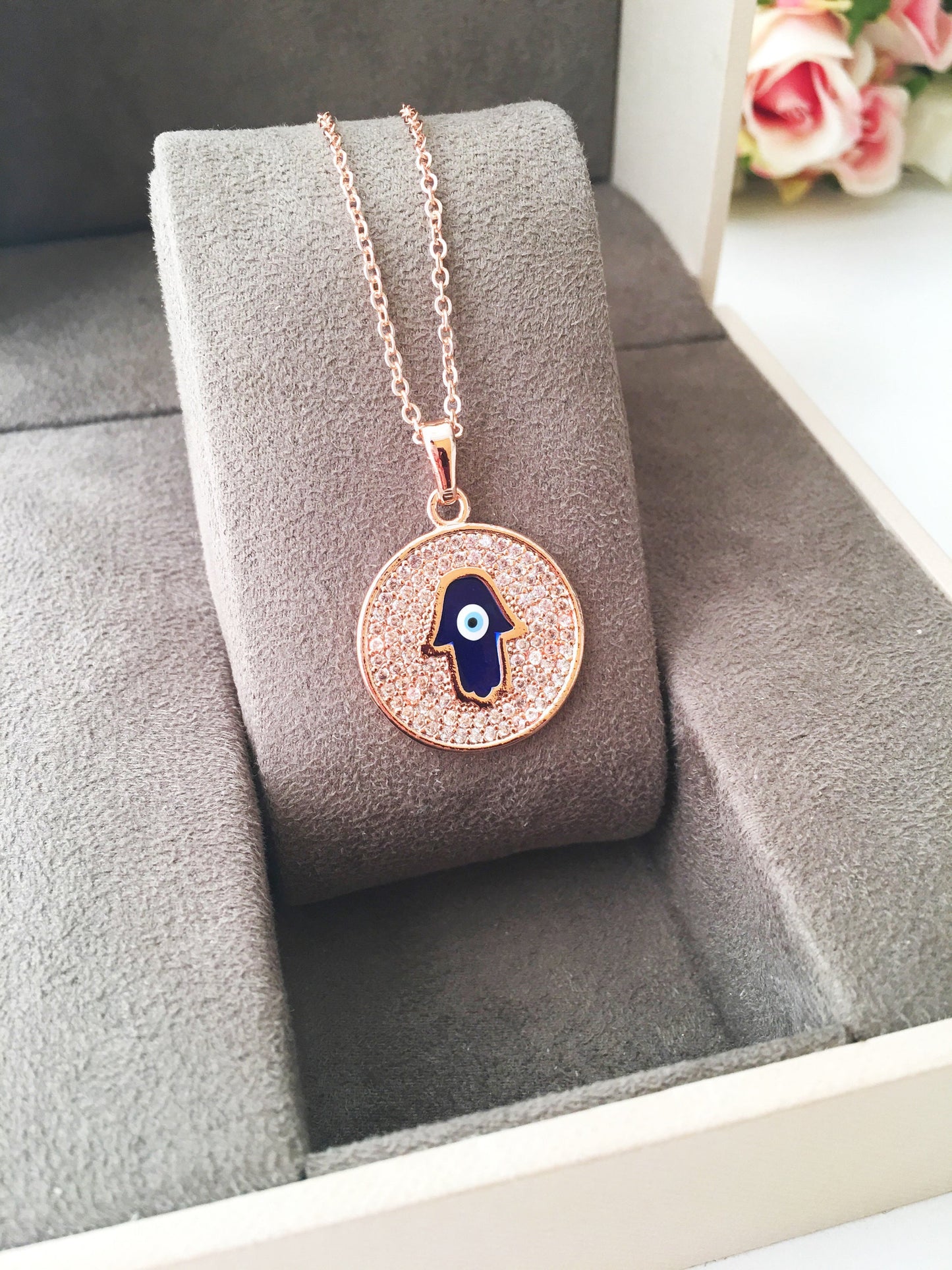 Zircon Evil Eye Necklace with Hamsa Hand