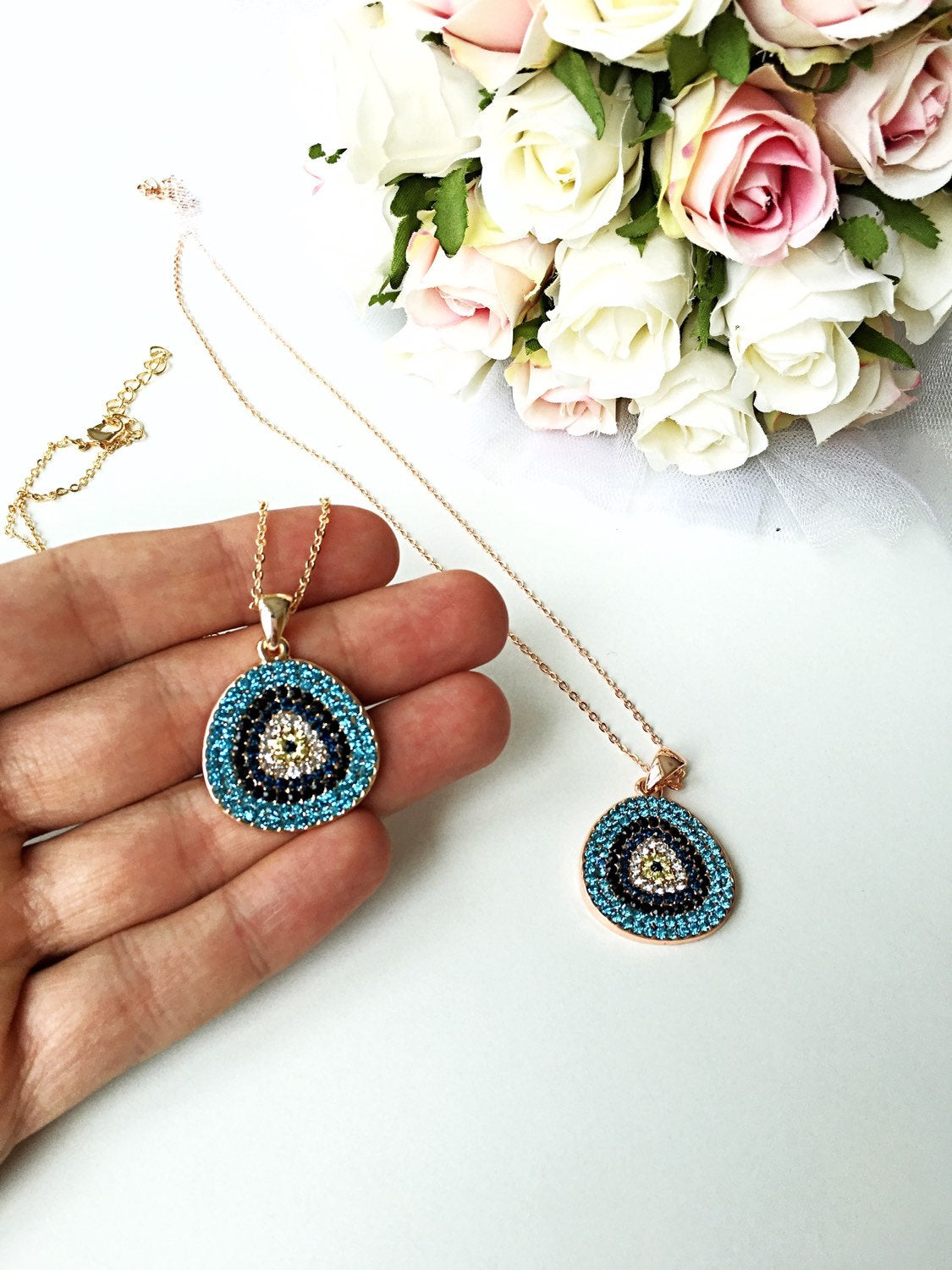 Evil eye necklace, rose gold necklace, evil eye jewelry, zirconia