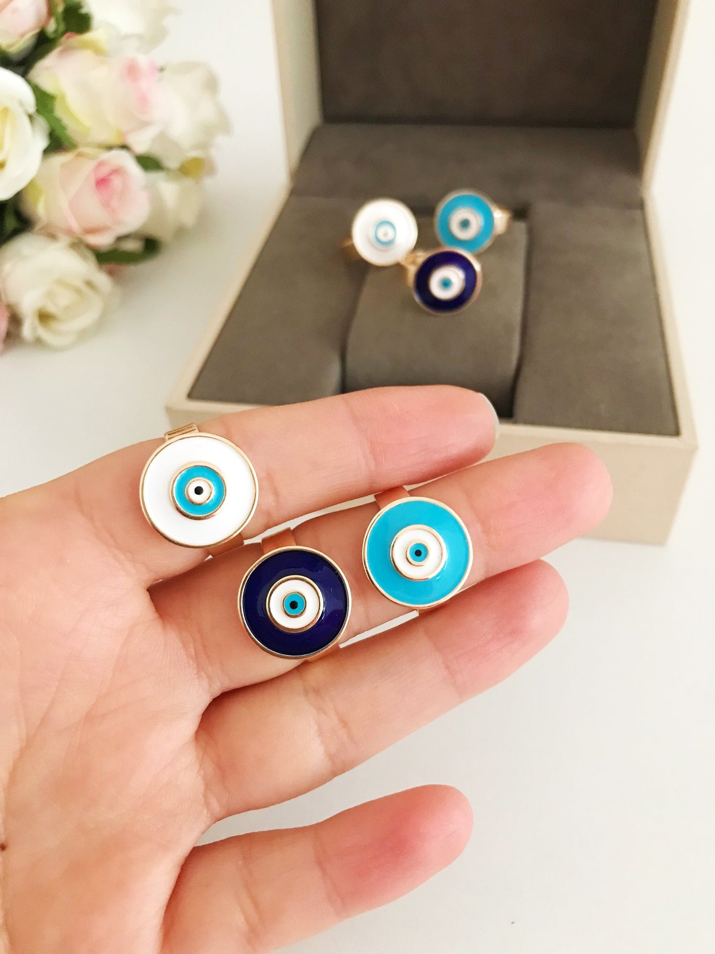Adjustable blue evil eye ring