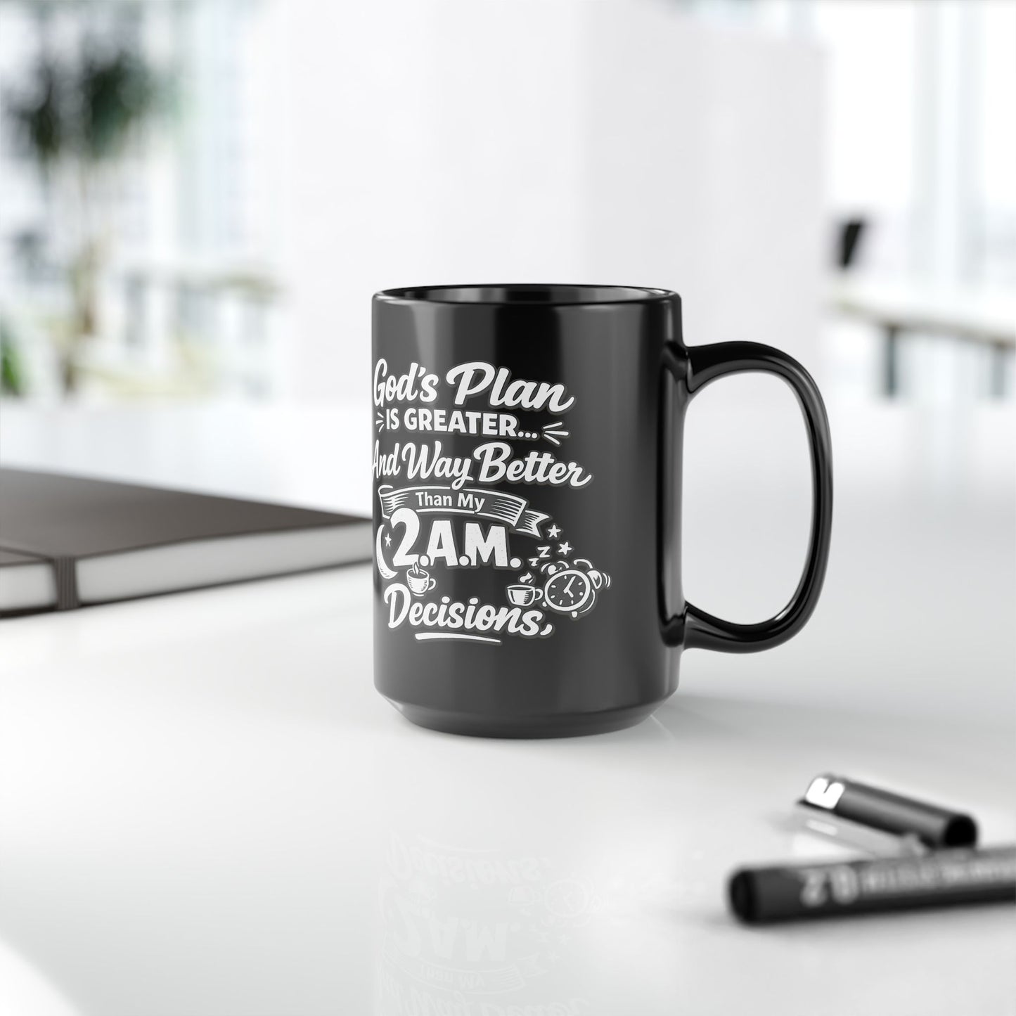 "God's Plan Is Greater, DF" Divine Faith mug (Black, 11oz/15oz)