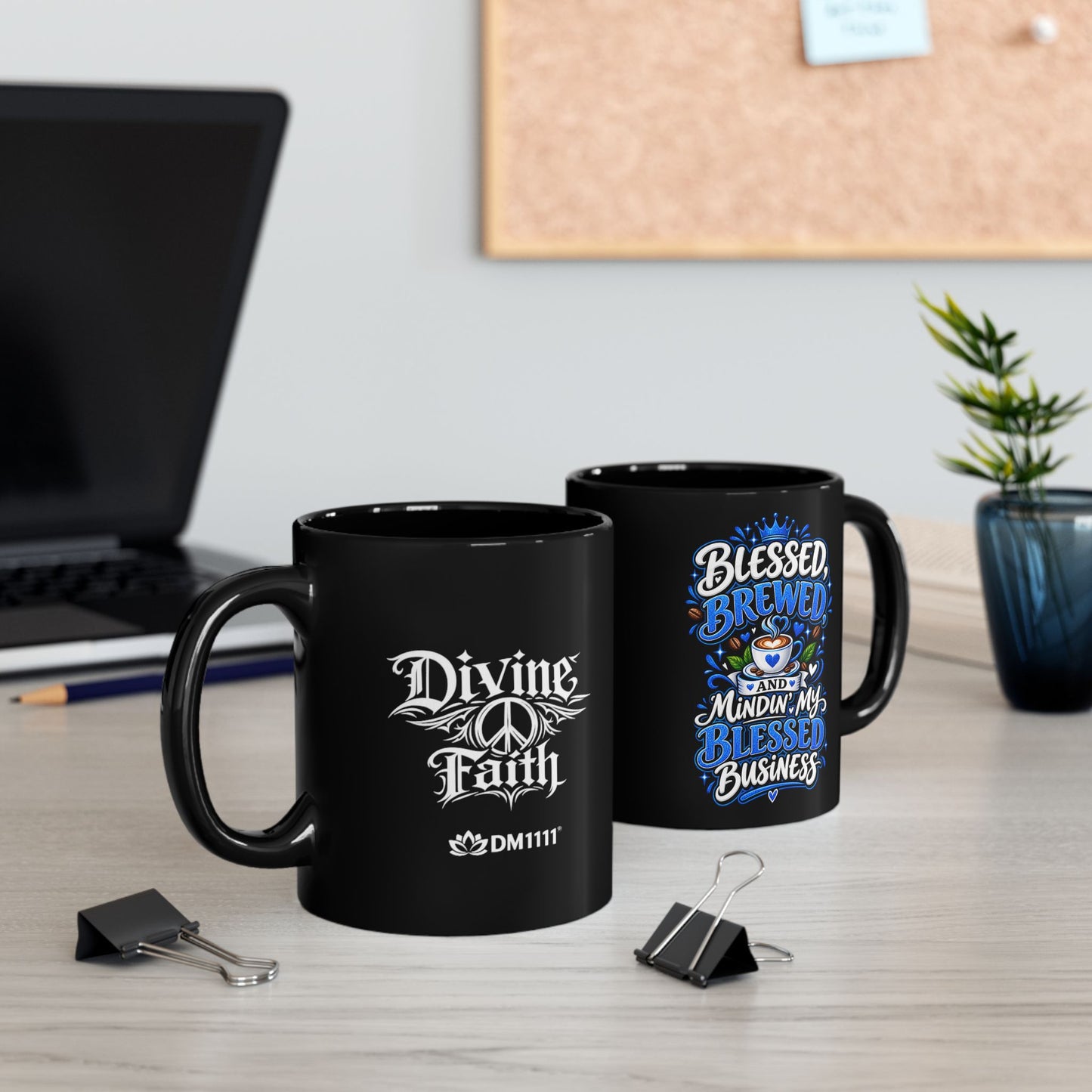 "Blessed, Brewed and Mindin, DF" Divine Faith mug (Black, 11oz/15oz)