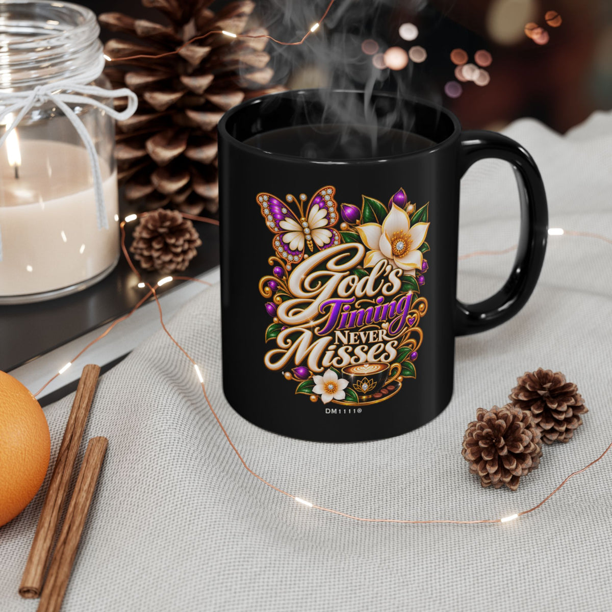 "God's Timing Never Misses" Divine Faith mug (Black, 11oz/15oz)