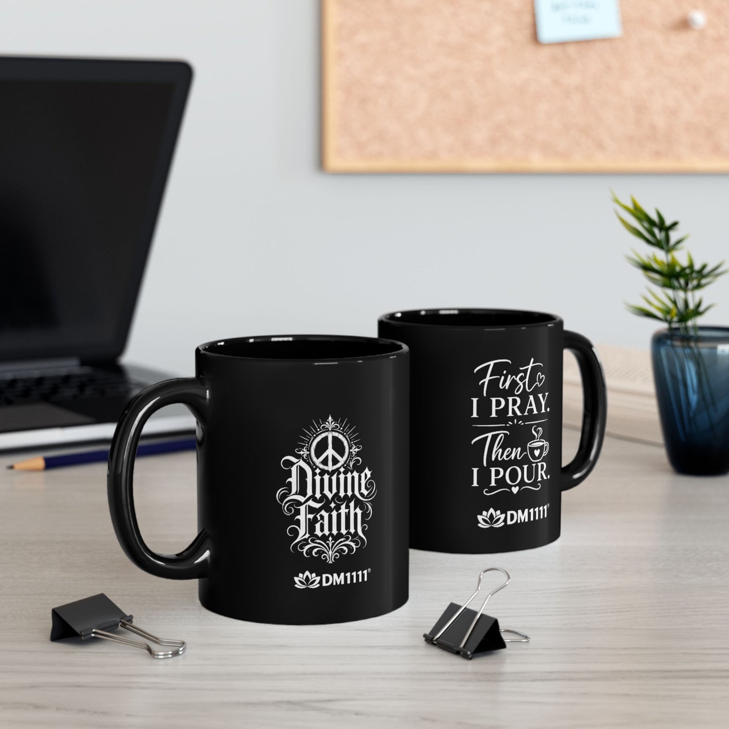 "First I Pray, DF" Divine Faith mug (Black, 11oz/15oz)
