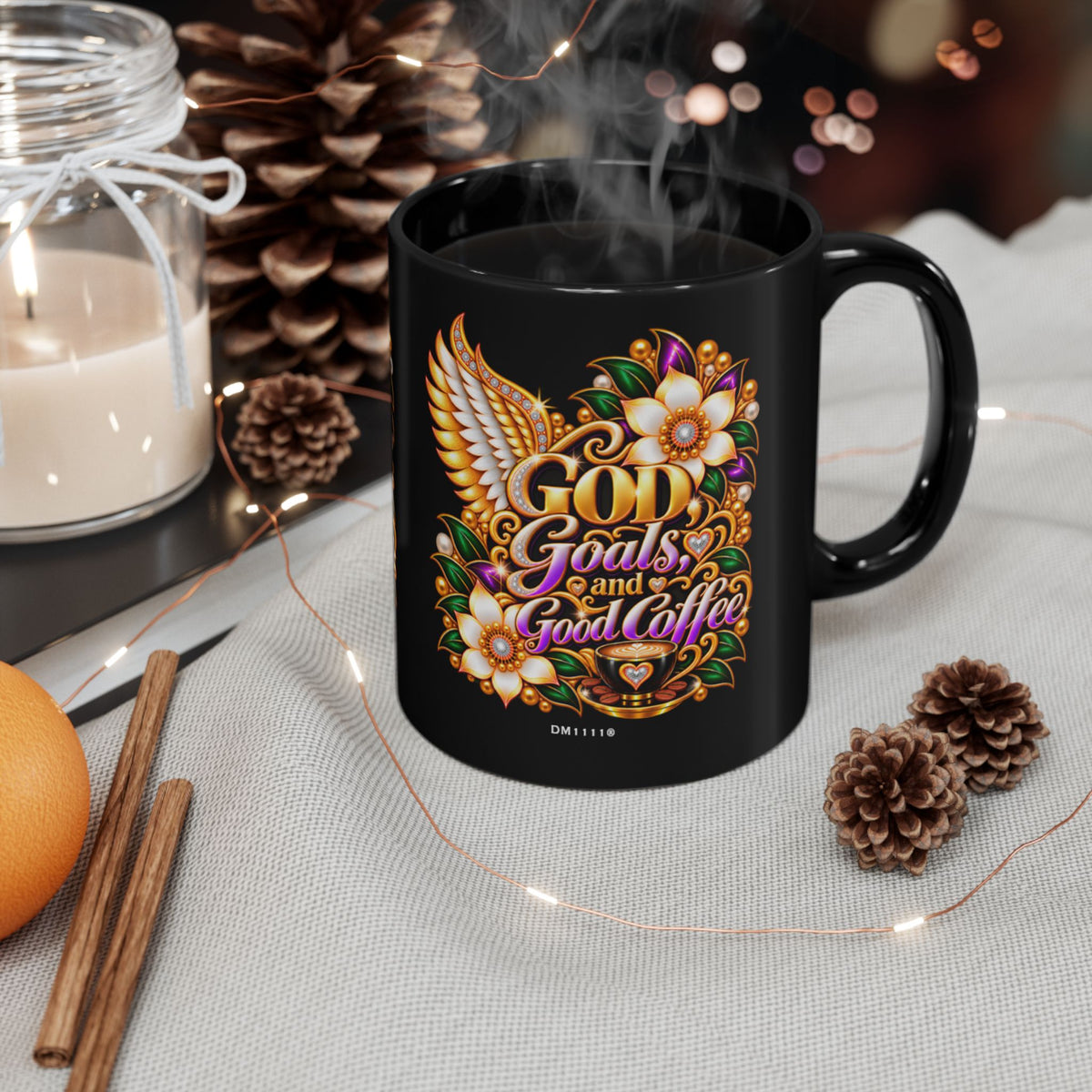 "GOD, Goals, and Good Coffee" Divine Faith mug (Black, 11oz/15oz)