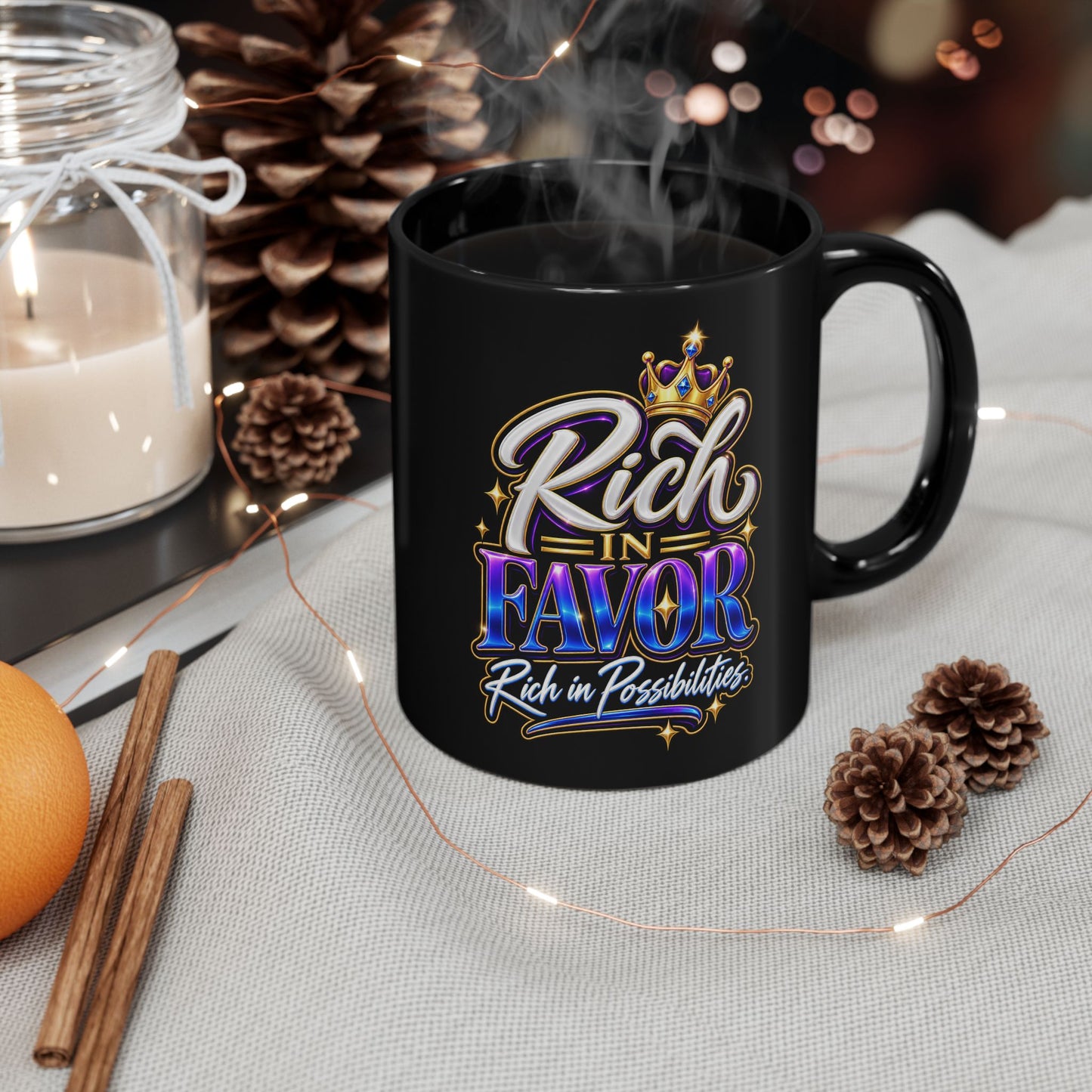 "Rich In Favor, Rich In Possibilities, DF" Divine Faith mug (Black, 11oz/15oz)
