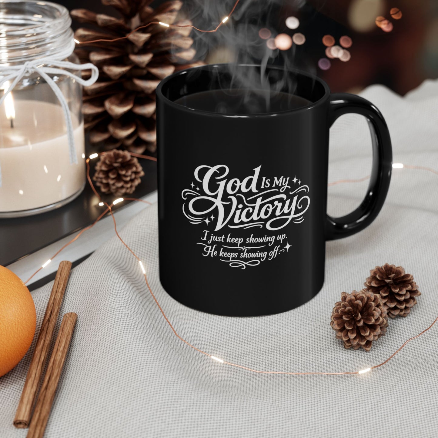 "God Is My Victory, DF" Divine Faith mug (Black, 11oz/15oz)