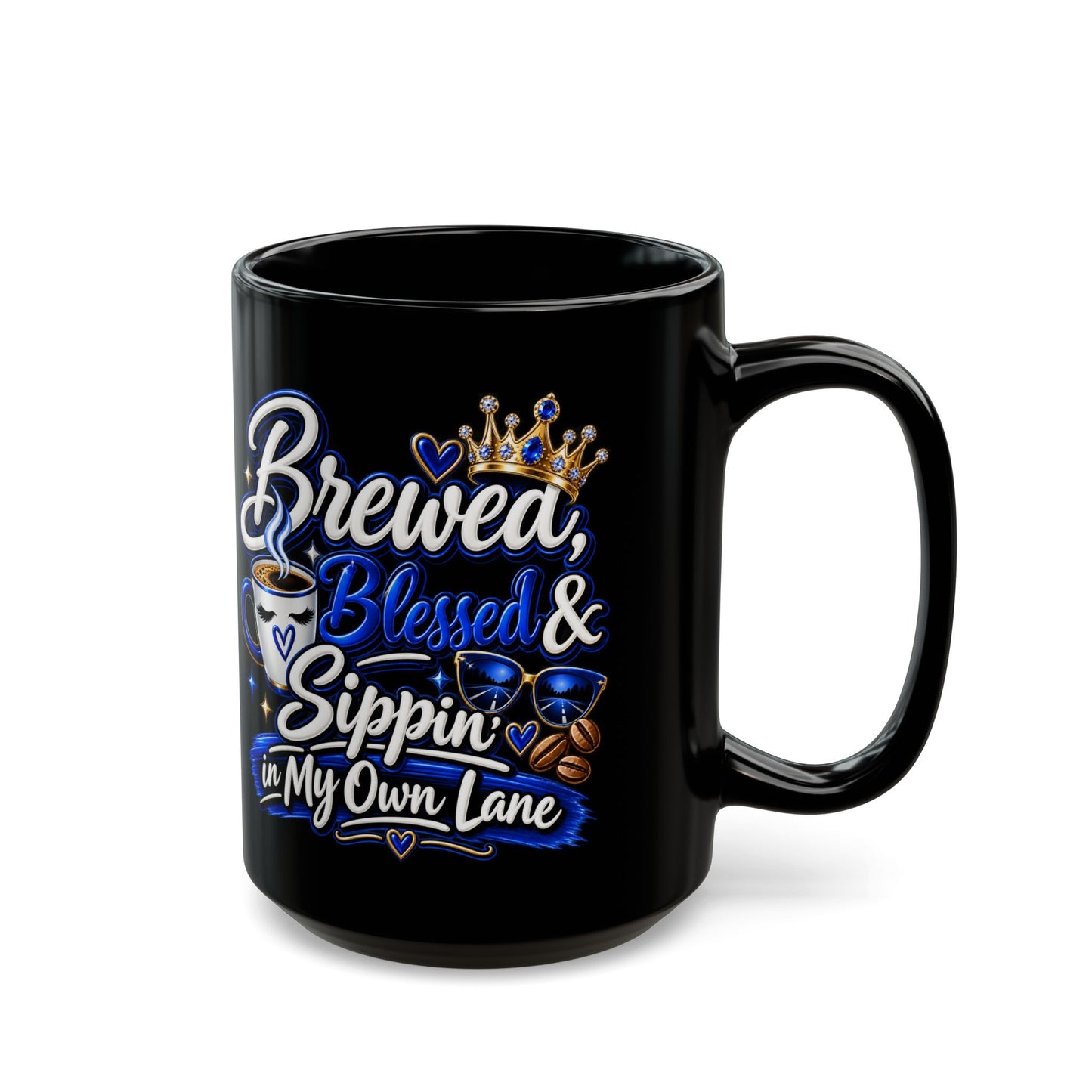 "Brewed, Blessed, and Sippin, DF" Divine Faith mug (Black, 11oz/15oz)